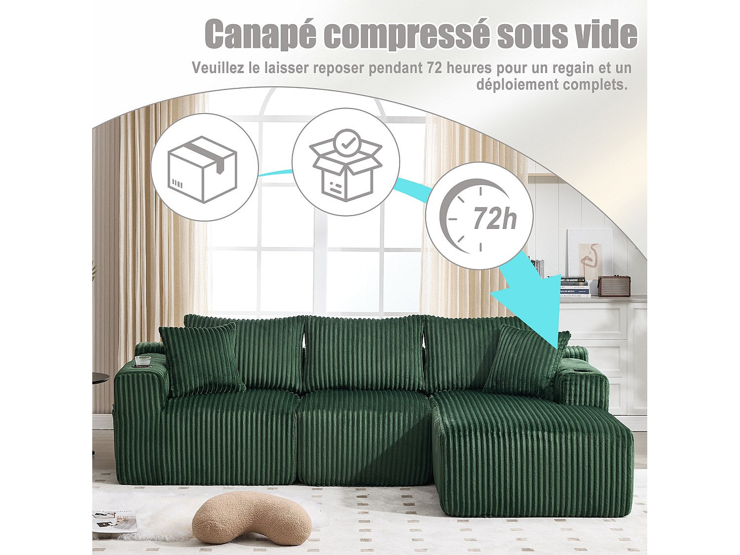 Canapé modulable convertible 3 places vert tissu