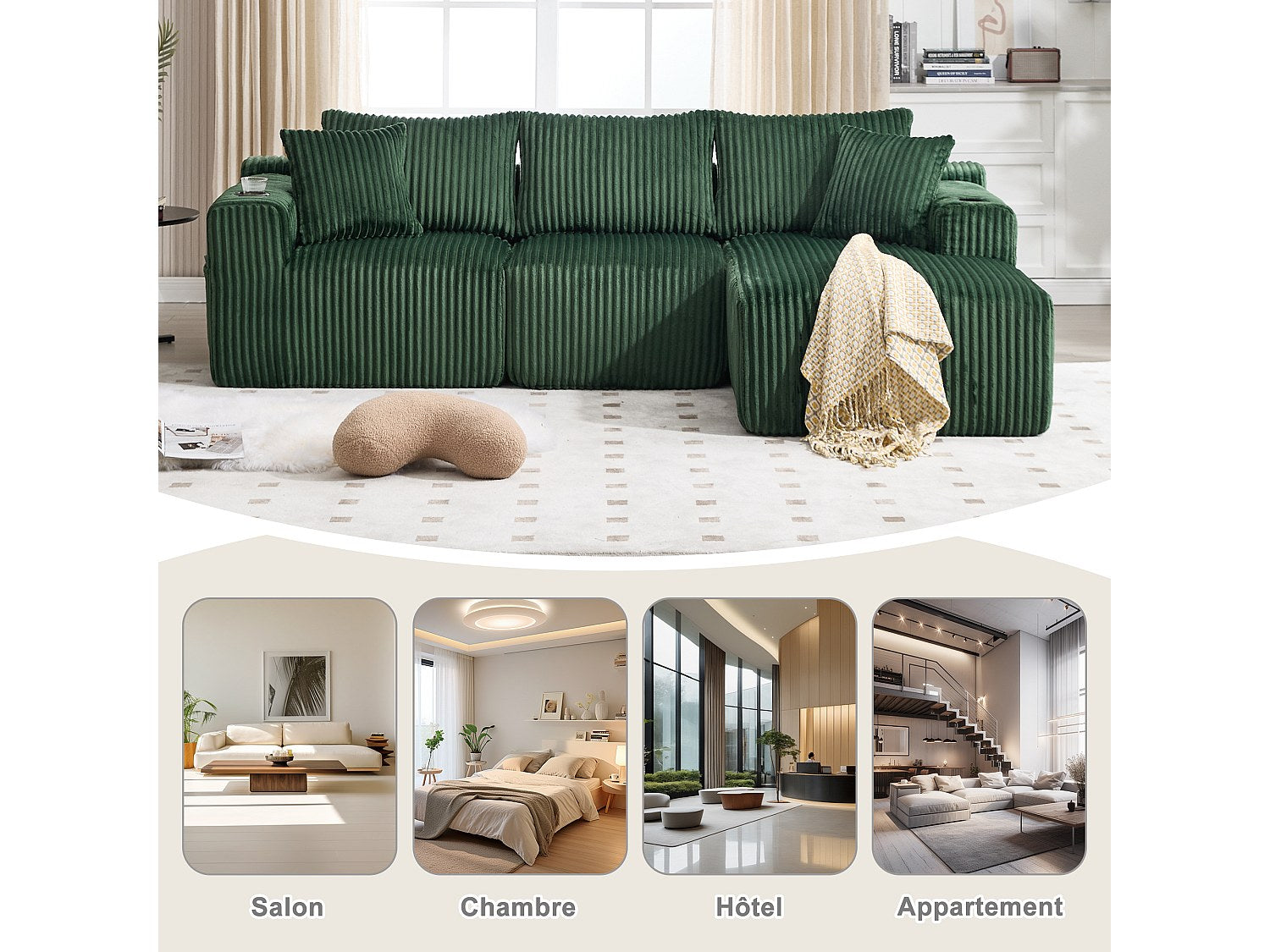 Canapé modulable convertible 3 places vert tissu