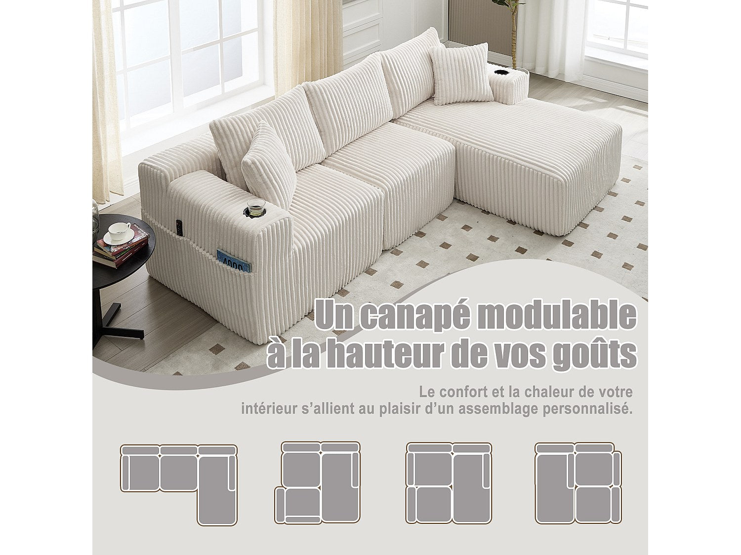 Canapé modulable convertible 3 places beige tissu