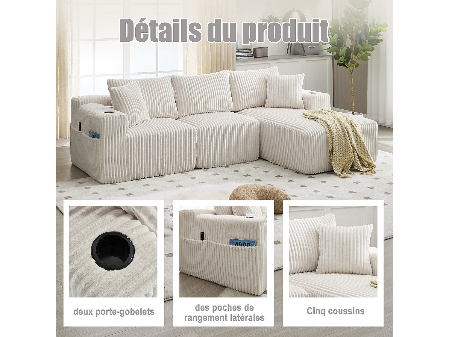 Canapé modulable convertible 3 places beige tissu