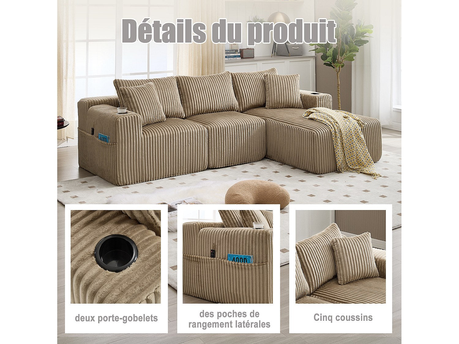 Canapé modulable convertible 3 places vert tissu
