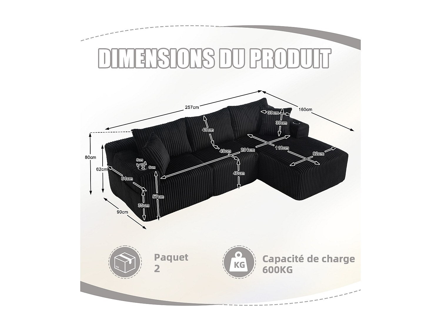 Canapé modulable convertible 3 places noir tissu
