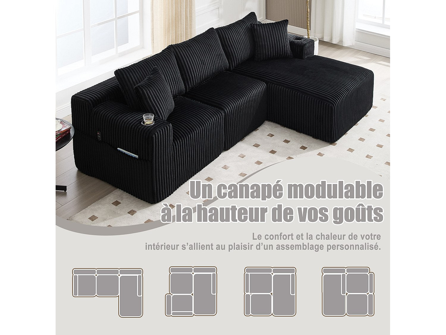Canapé modulable convertible 3 places noir tissu