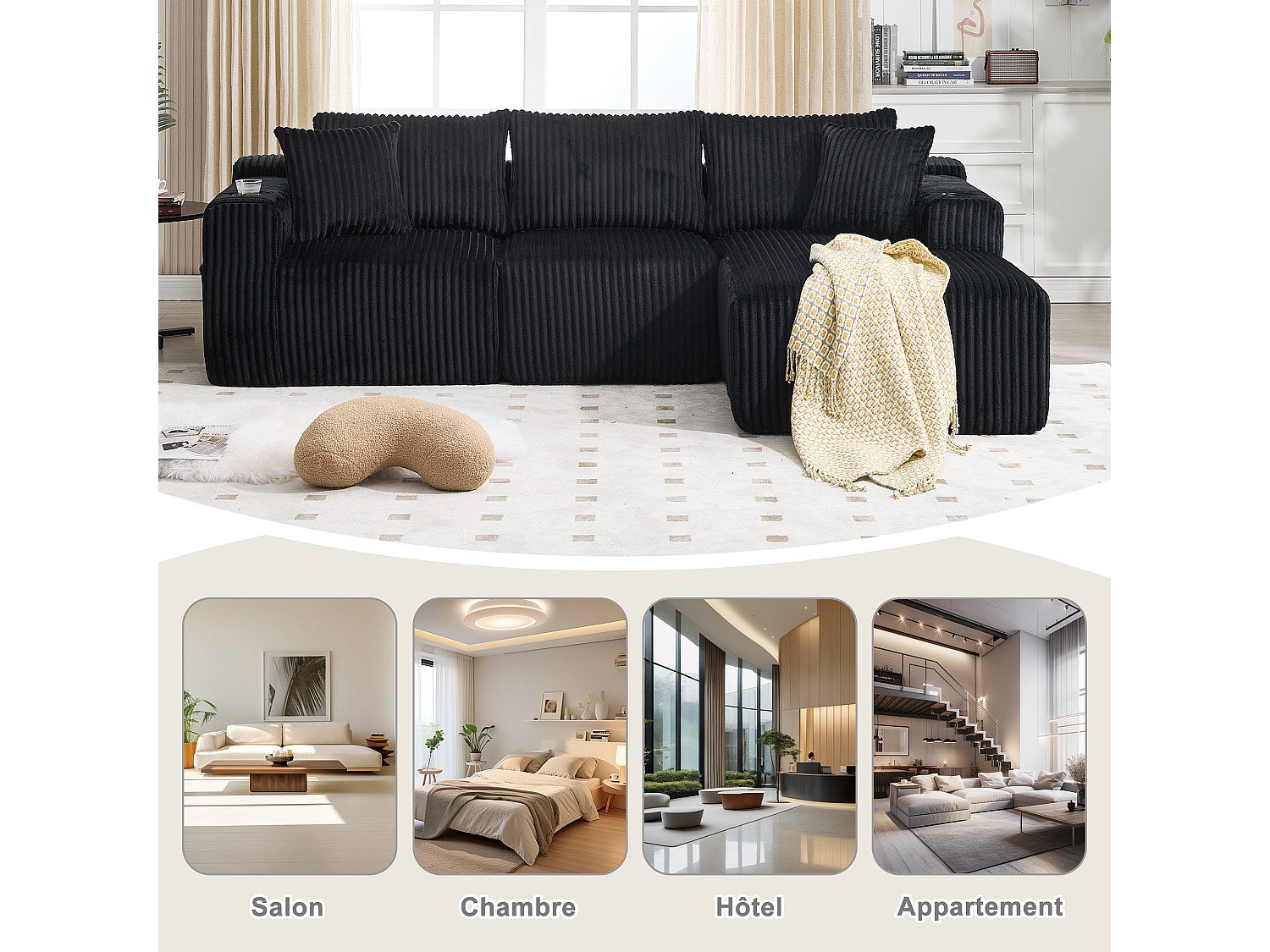 Canapé modulable convertible 3 places noir tissu