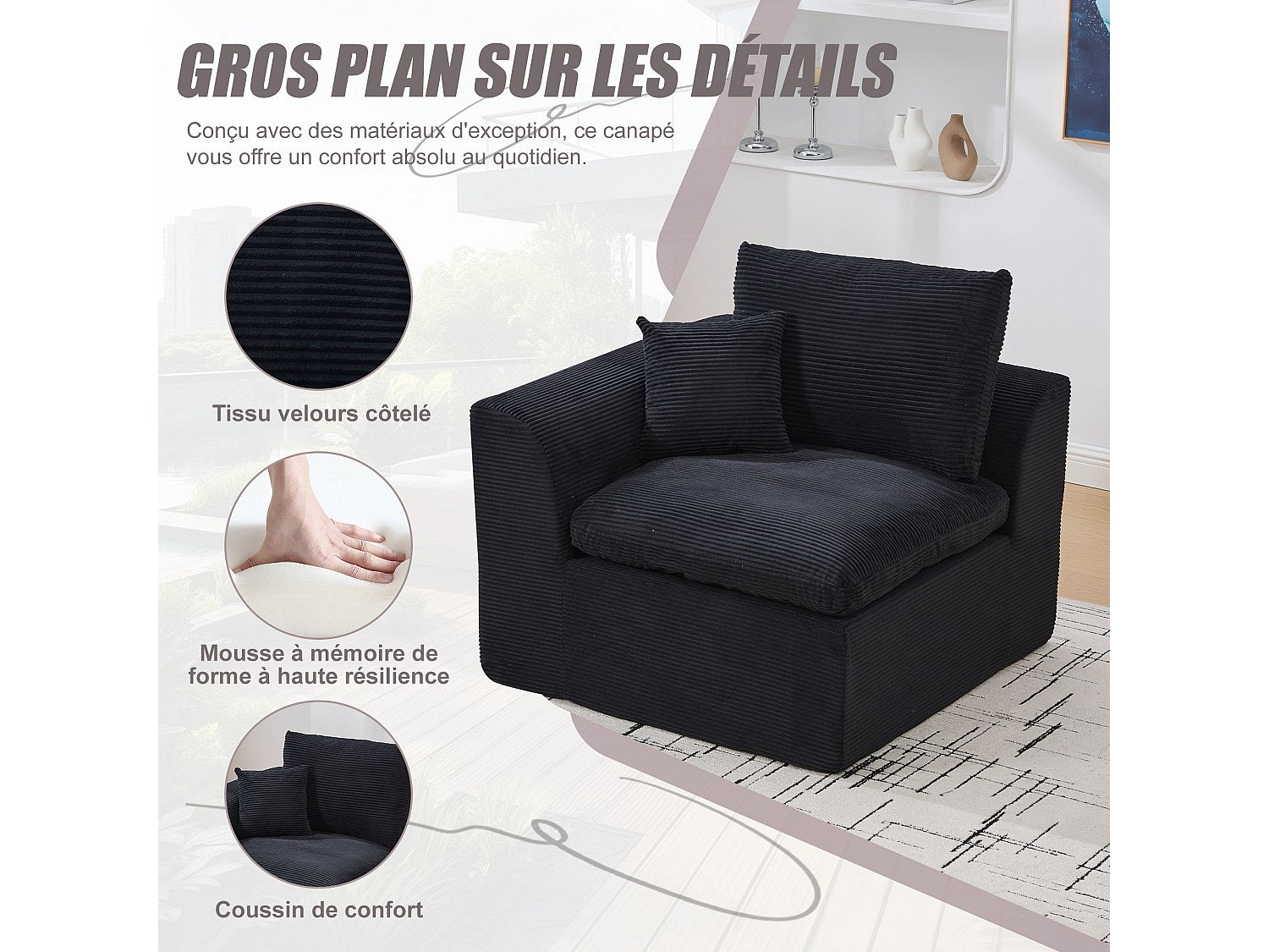 Canapé modulable 2 places noir tissu