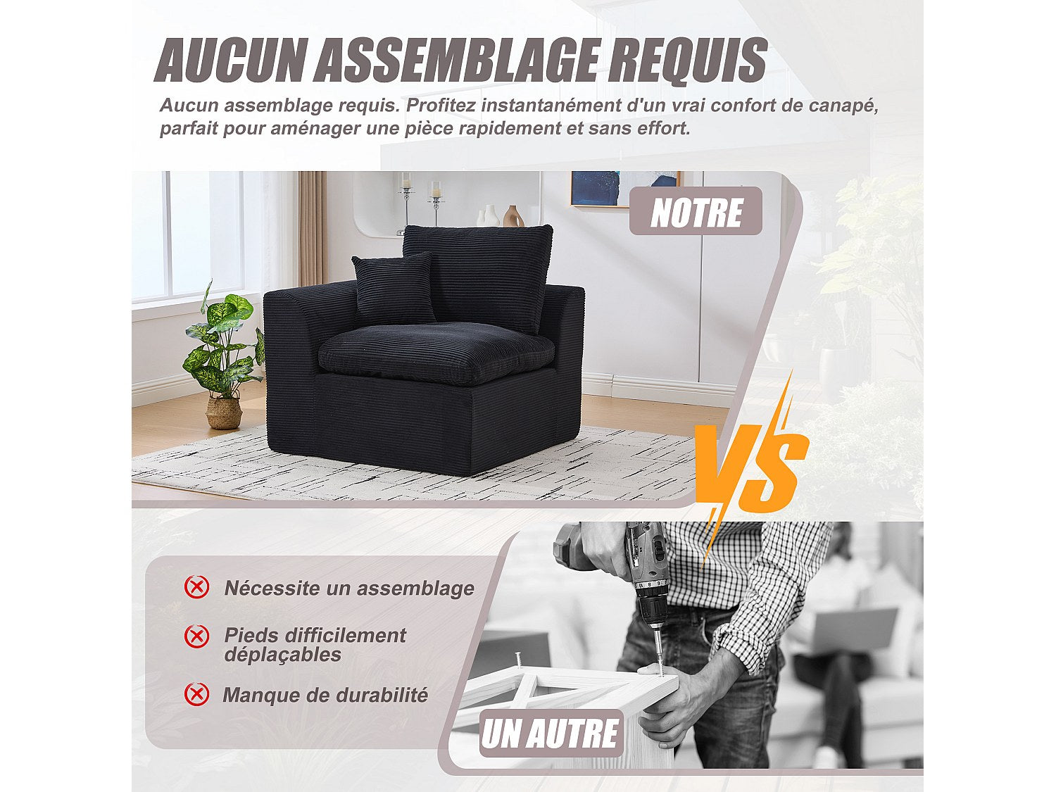 Canapé modulable 2 places noir tissu