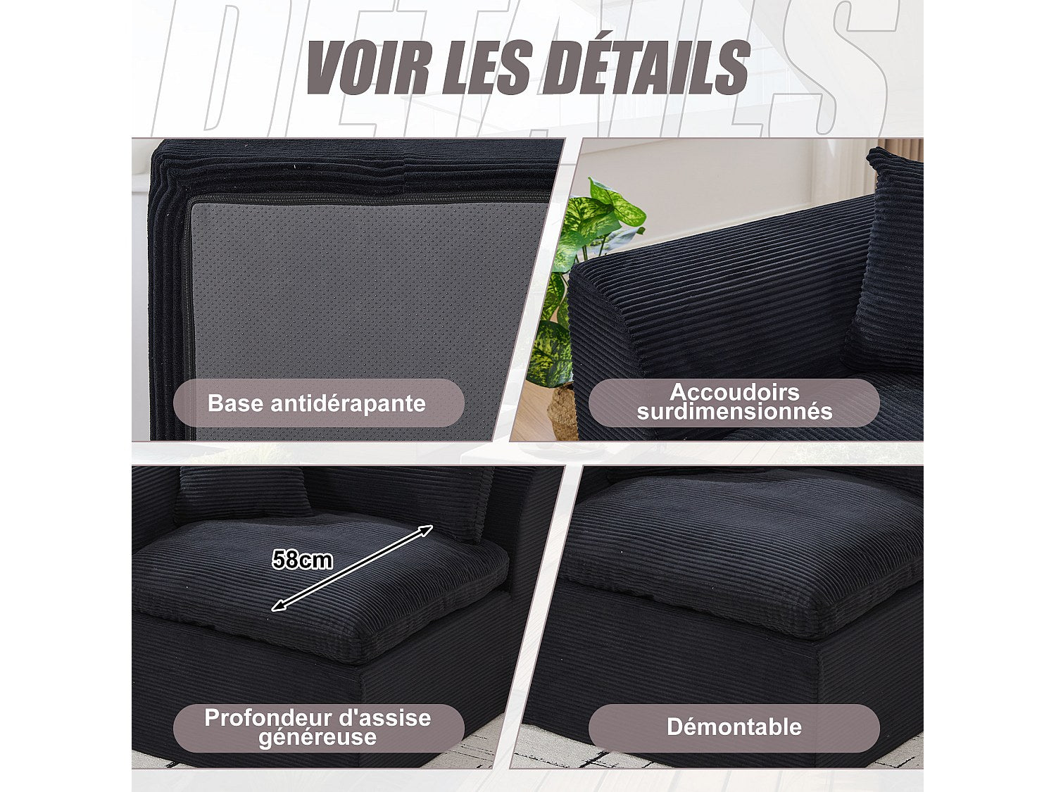 Canapé modulable 2 places noir tissu