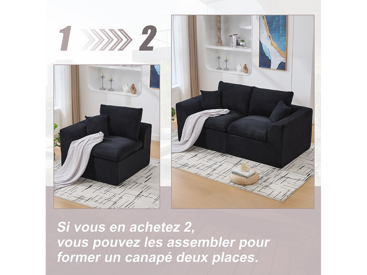 Canapé modulable 2 places noir tissu
