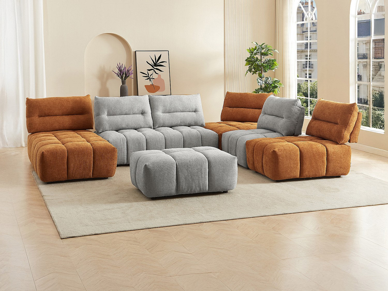 Pouf pour canapé modulable panoramique gris tissu