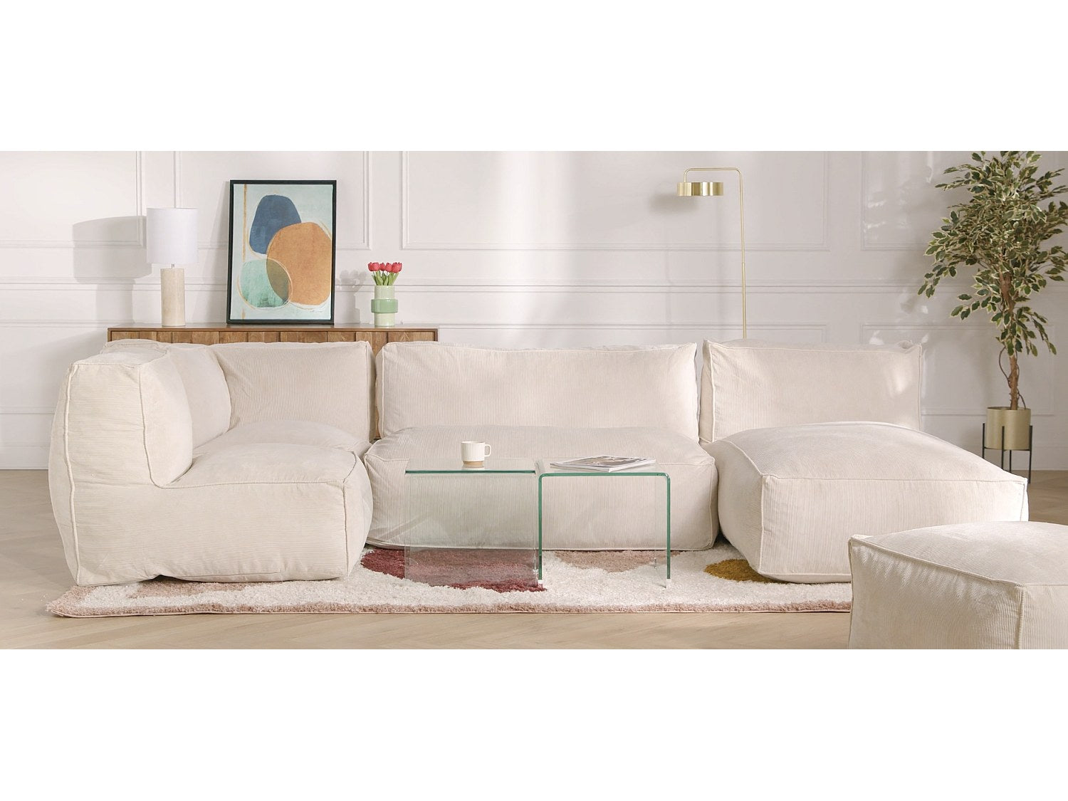 Pouf pour canapé modulable blanc tissu