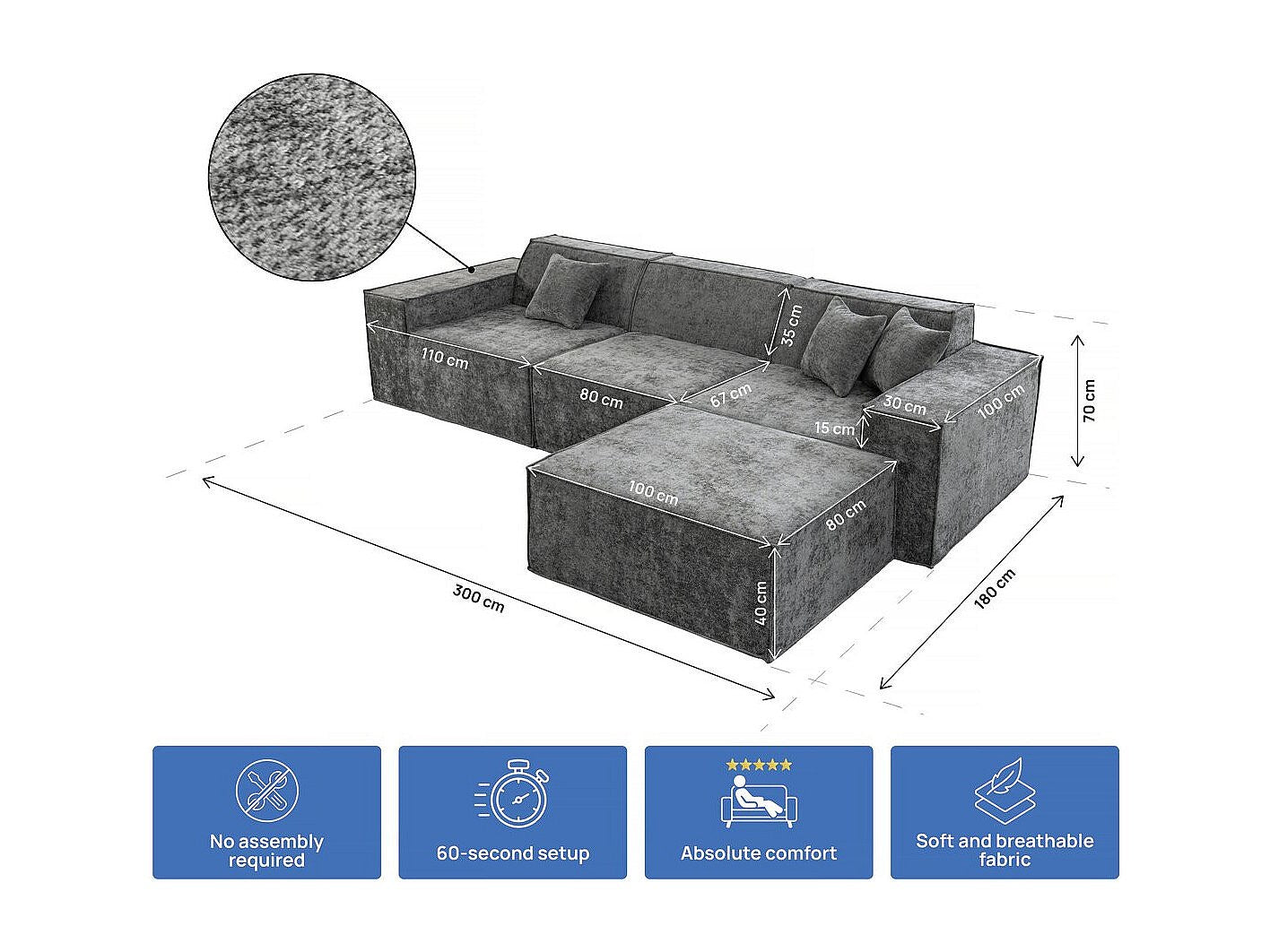 Canapé modulable 4 places gris tissu