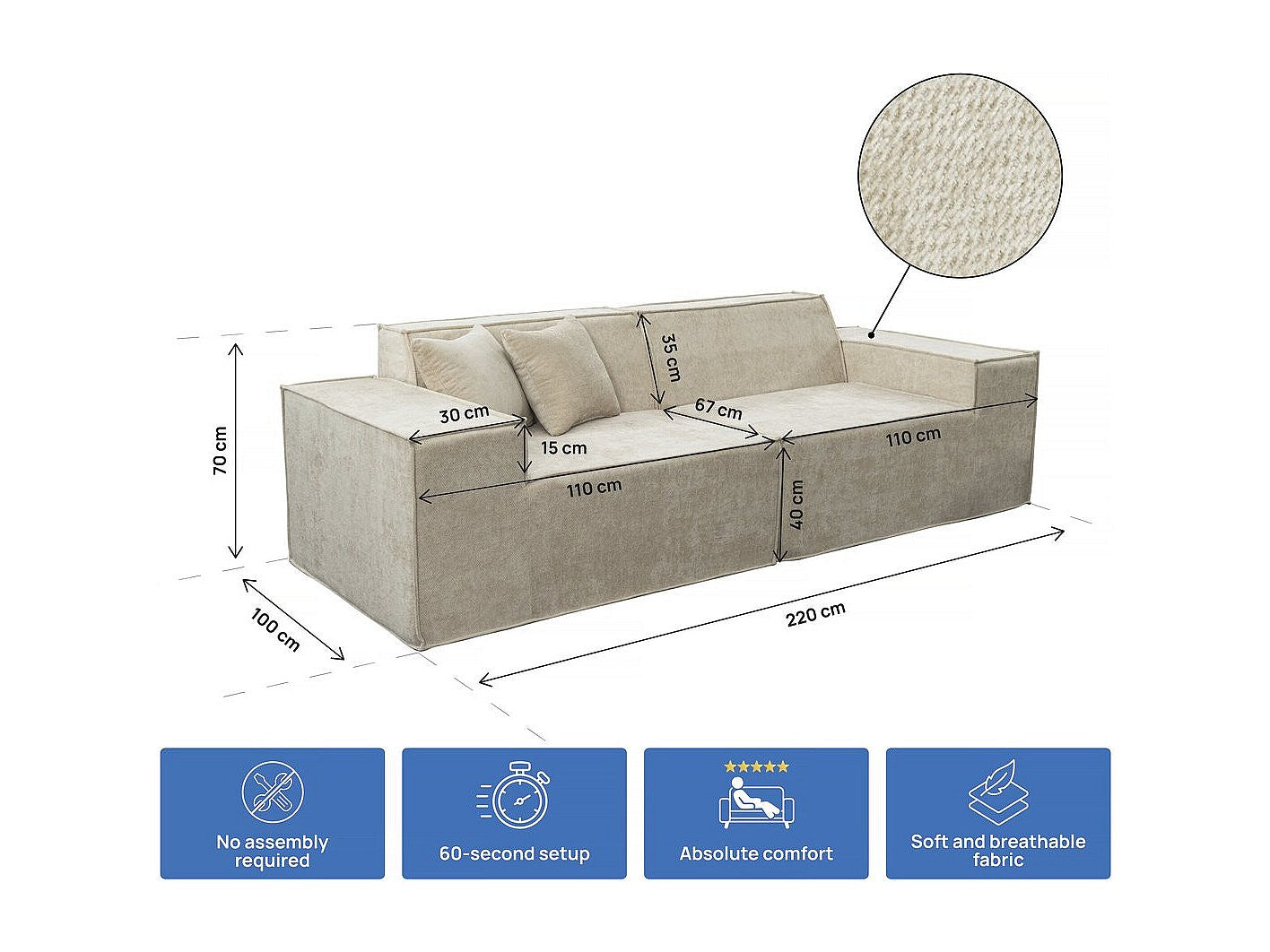 Canapé modulable 3 places beige tissu