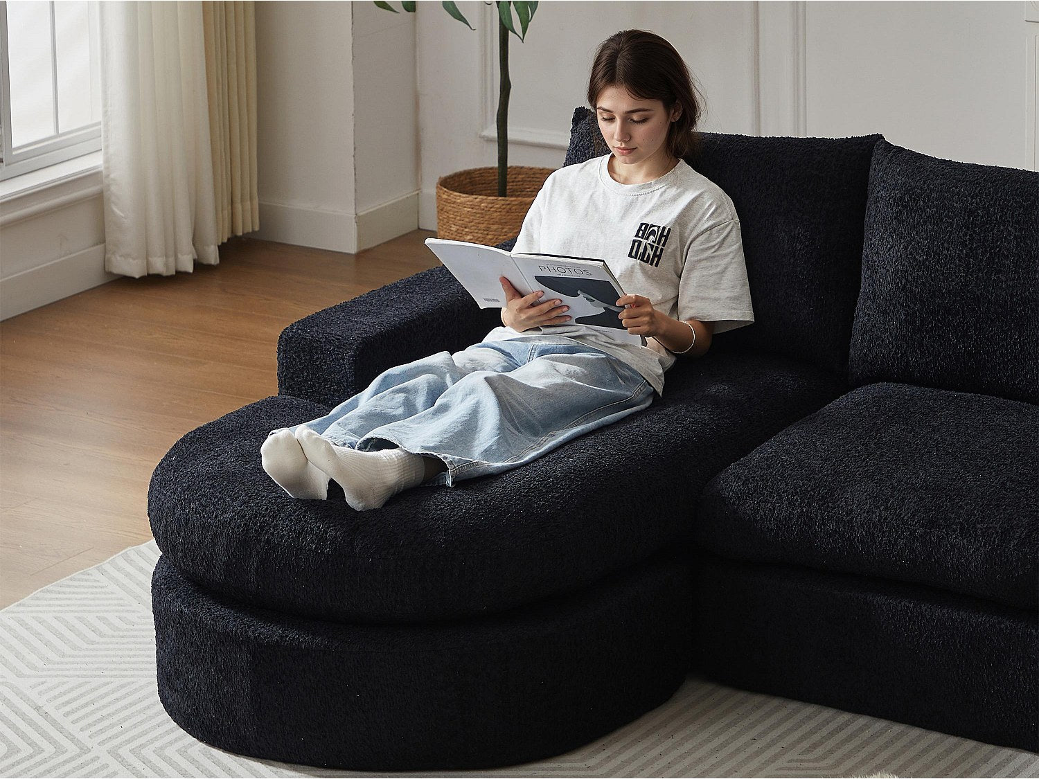 Angle pour canapé modulable 6 places noir tissu
