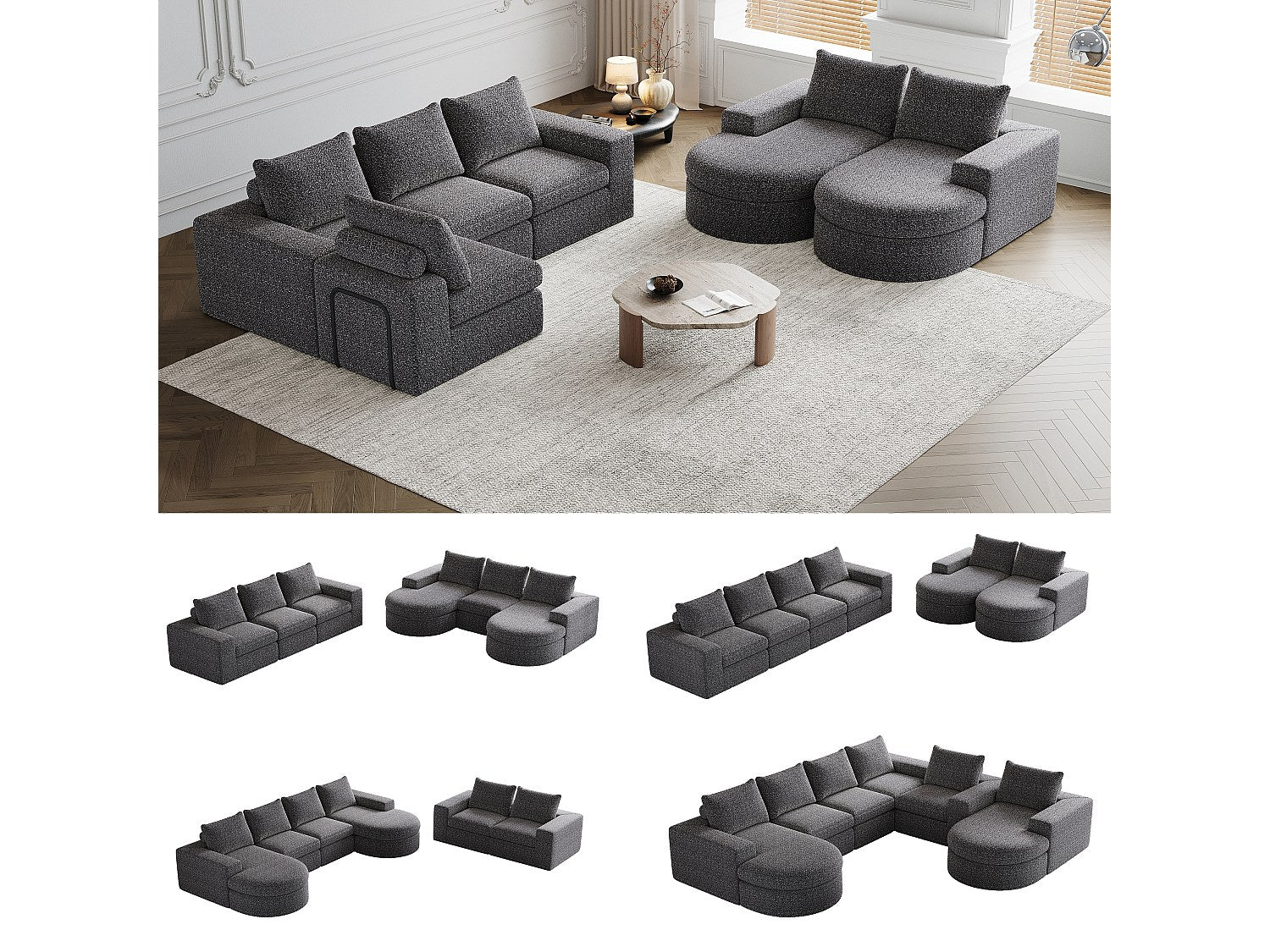 Angle pour canapé modulable 6 places gris tissu