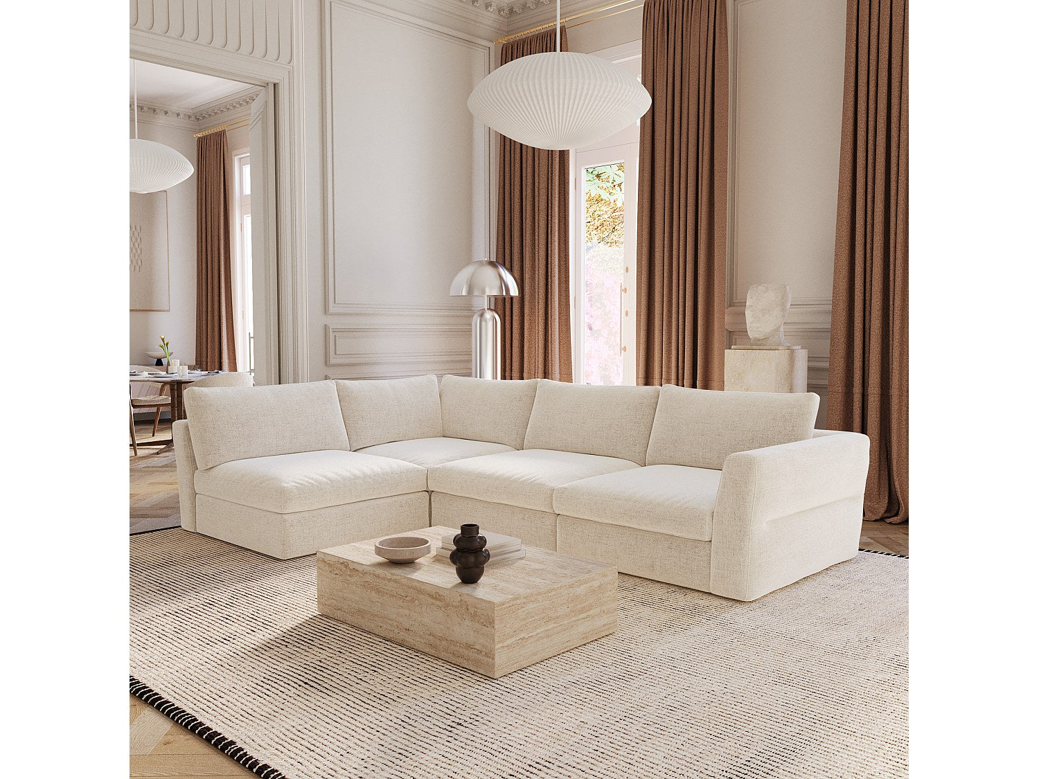 Canapé modulable 6 places beige tissu