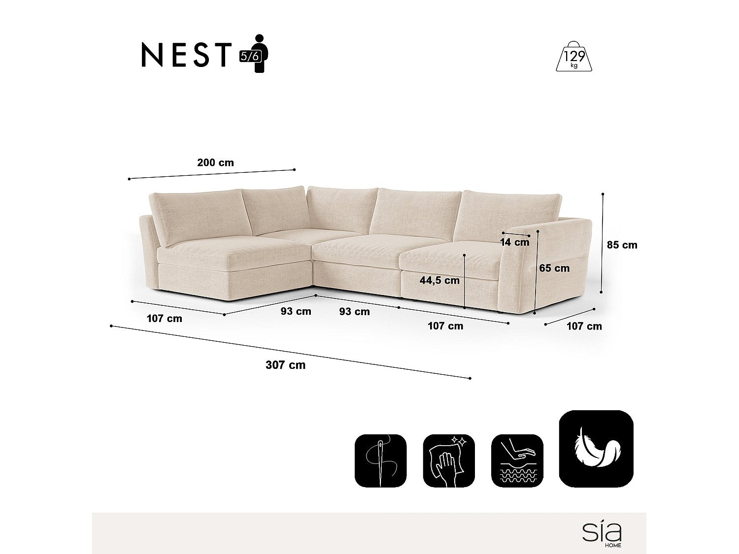Canapé modulable 6 places beige tissu