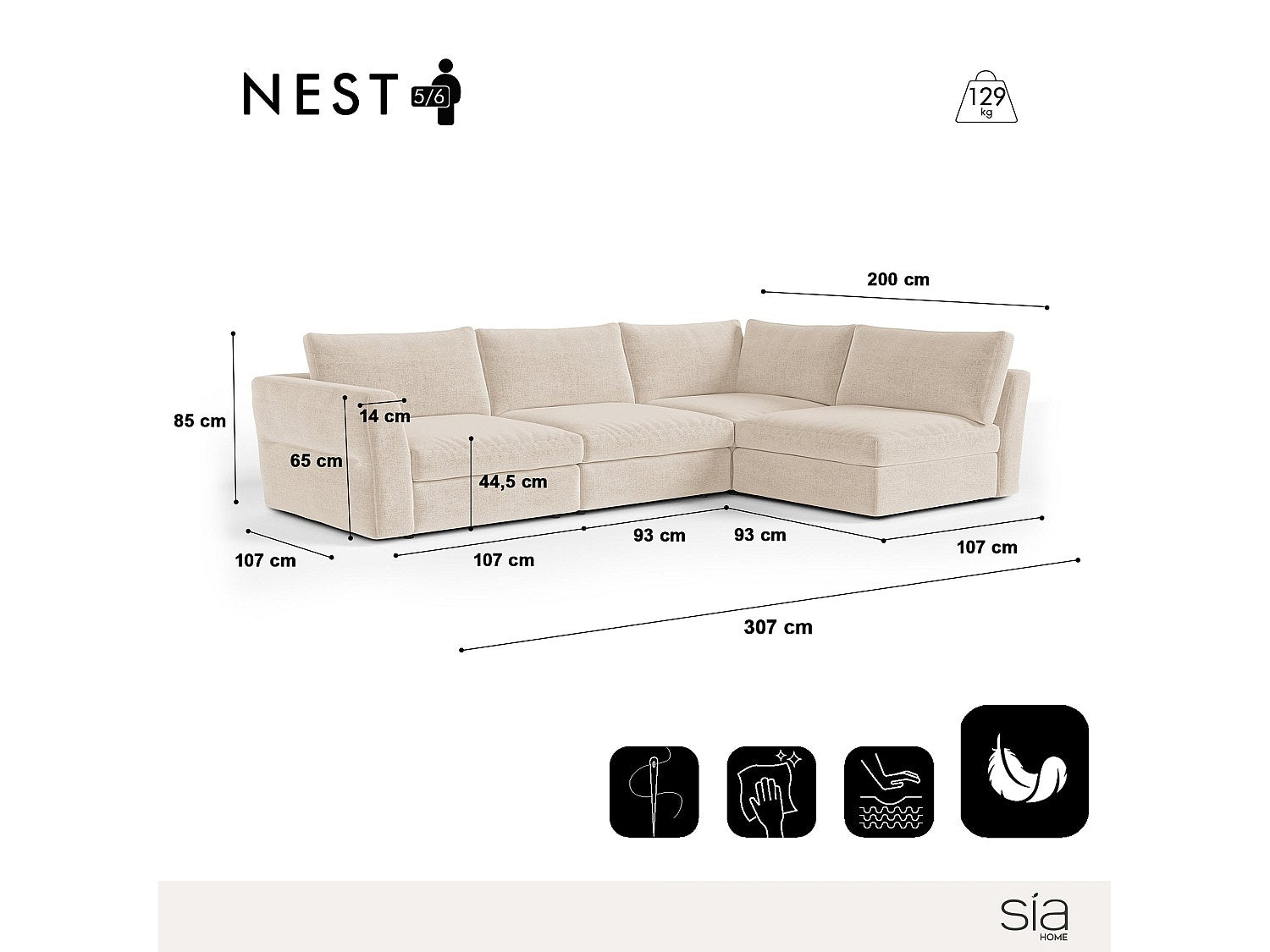 Canapé modulable 6 places beige tissu