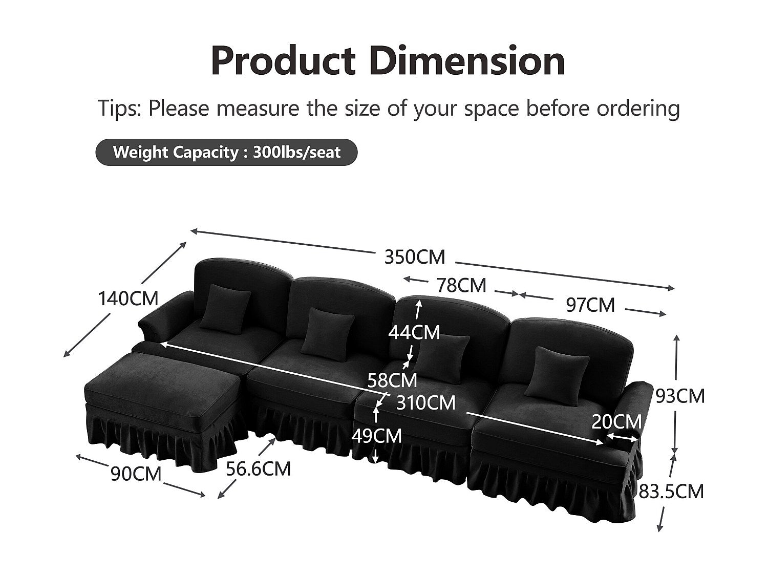 Angle pour canapé modulable 4 places noir tissu