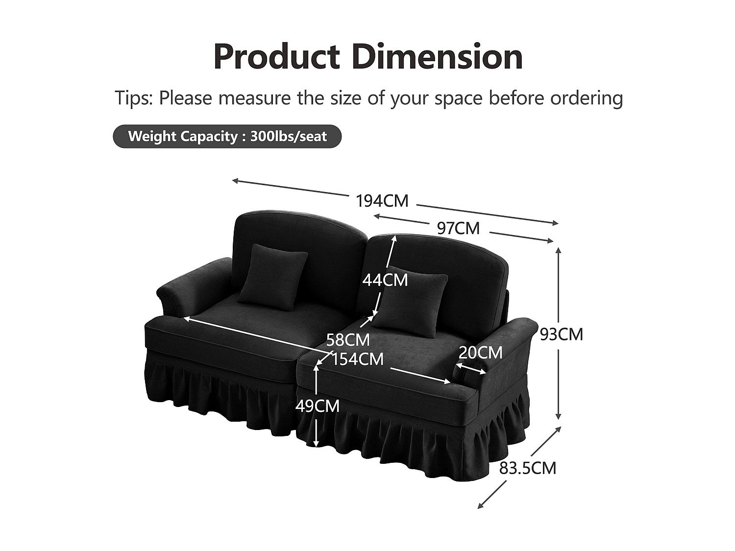 Pouf pour canapé modulable convertible noir tissu