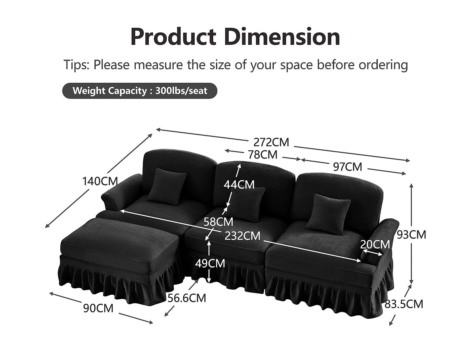 Angle pour canapé modulable convertible 3 places noir tissu