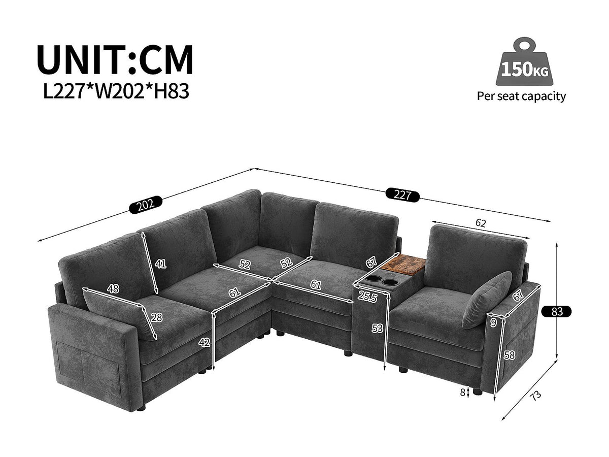 Angle pour canapé modulable 5 places gris velours