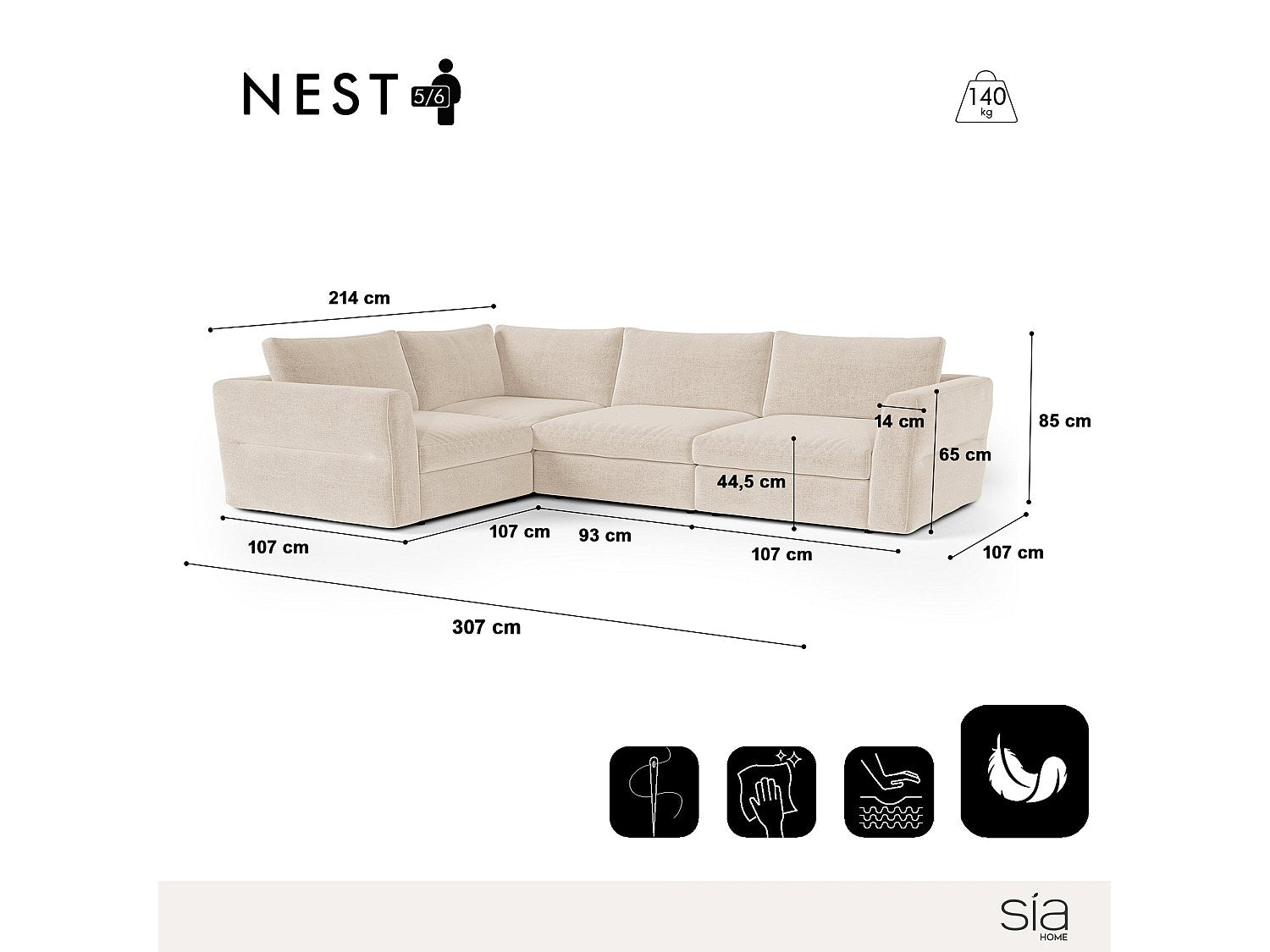 Canapé modulable 6 places beige tissu