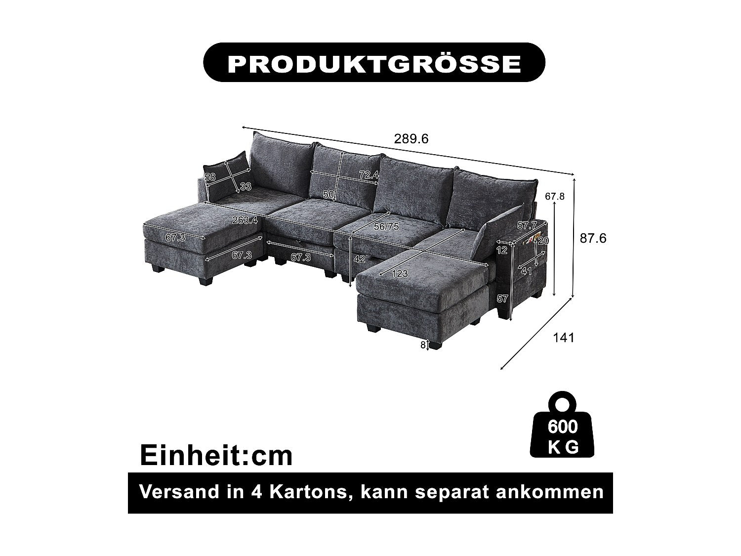 Canapé modulable 6 places gris tissu