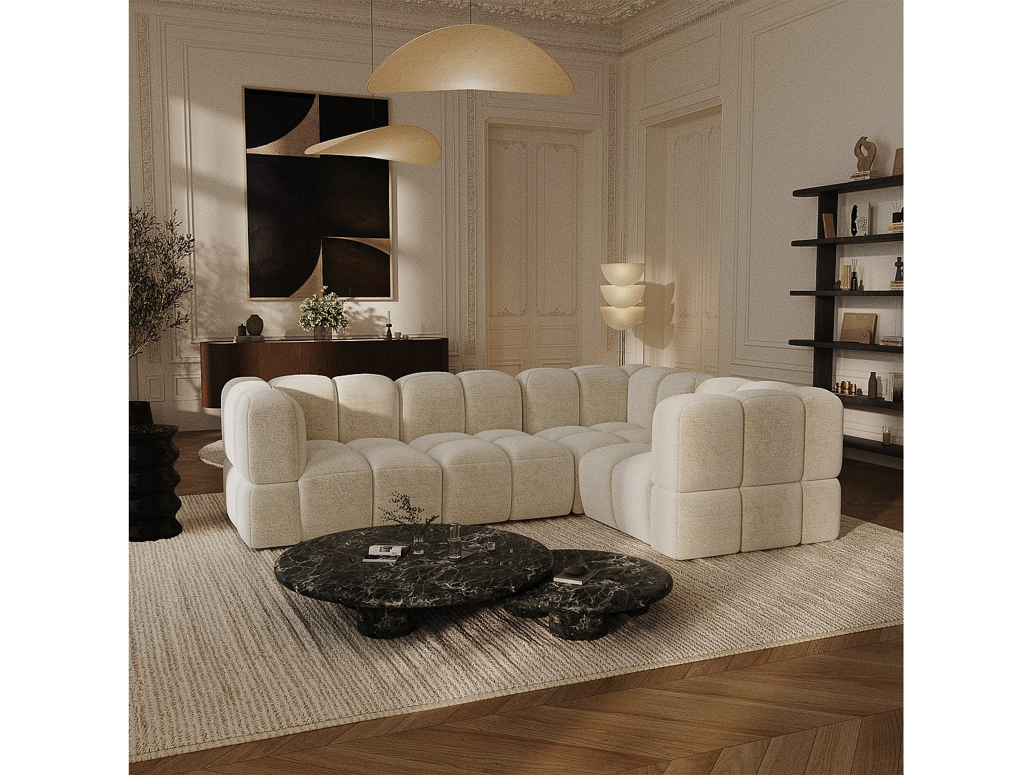 Canapé modulable 6 places beige velours