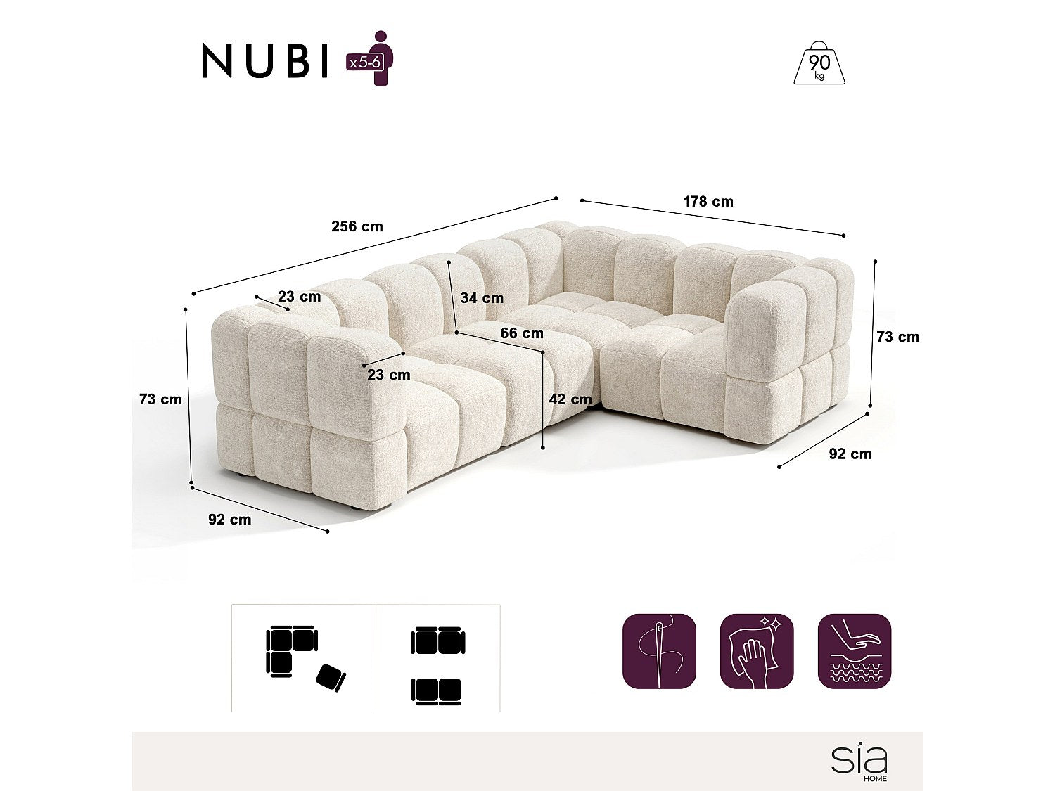 Canapé modulable 6 places beige velours