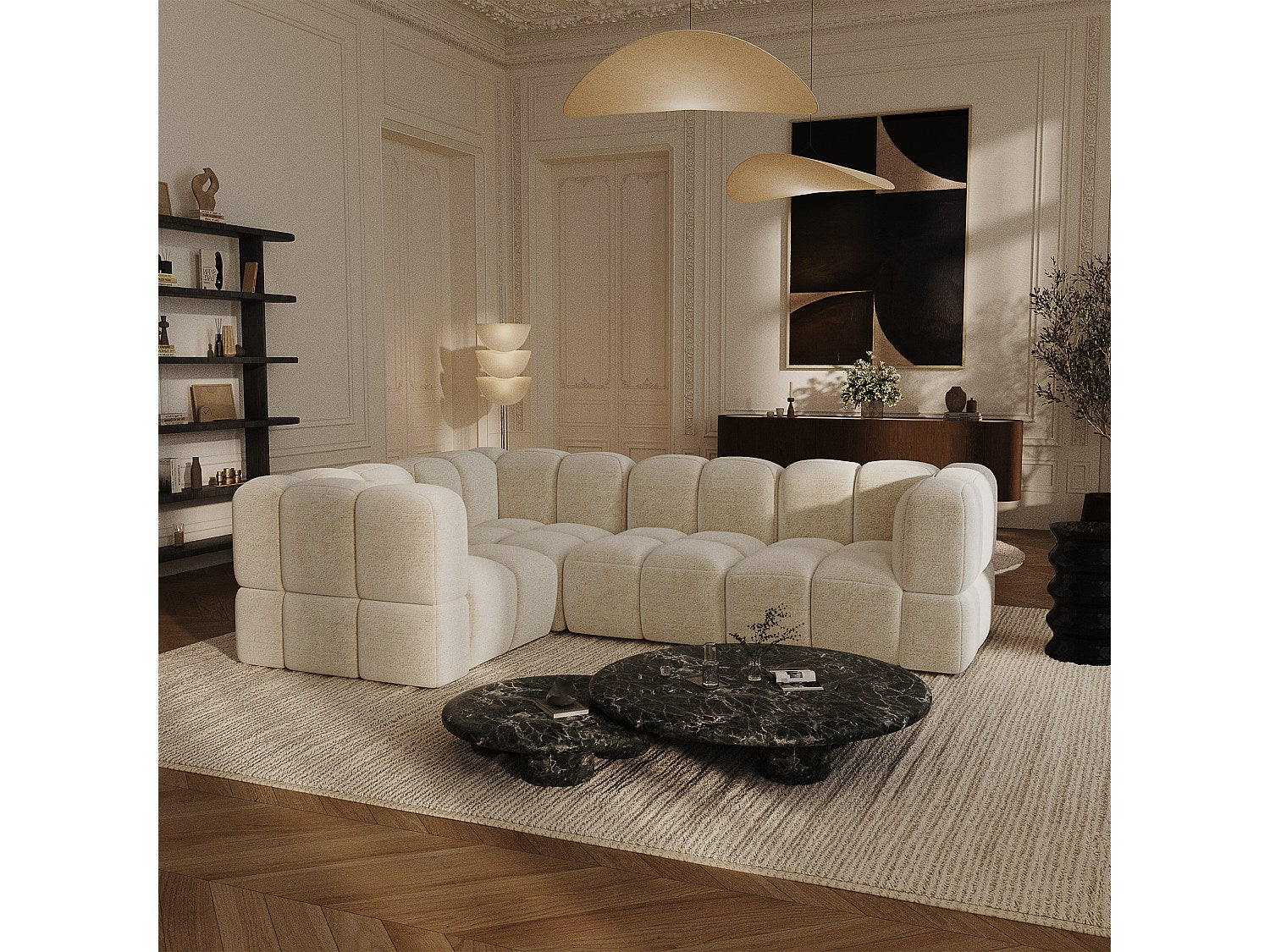 Canapé modulable 6 places beige velours