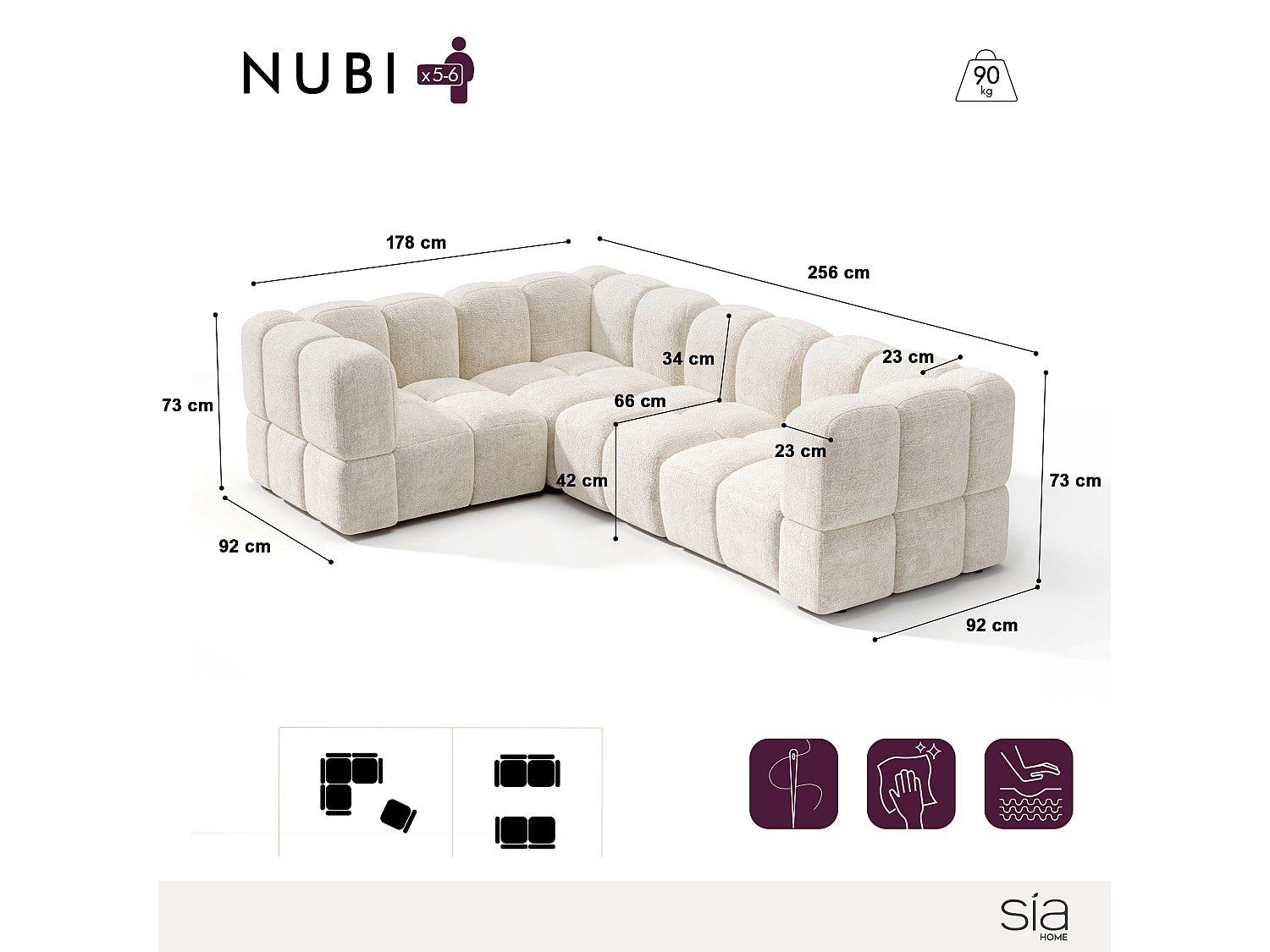 Canapé modulable 6 places beige velours