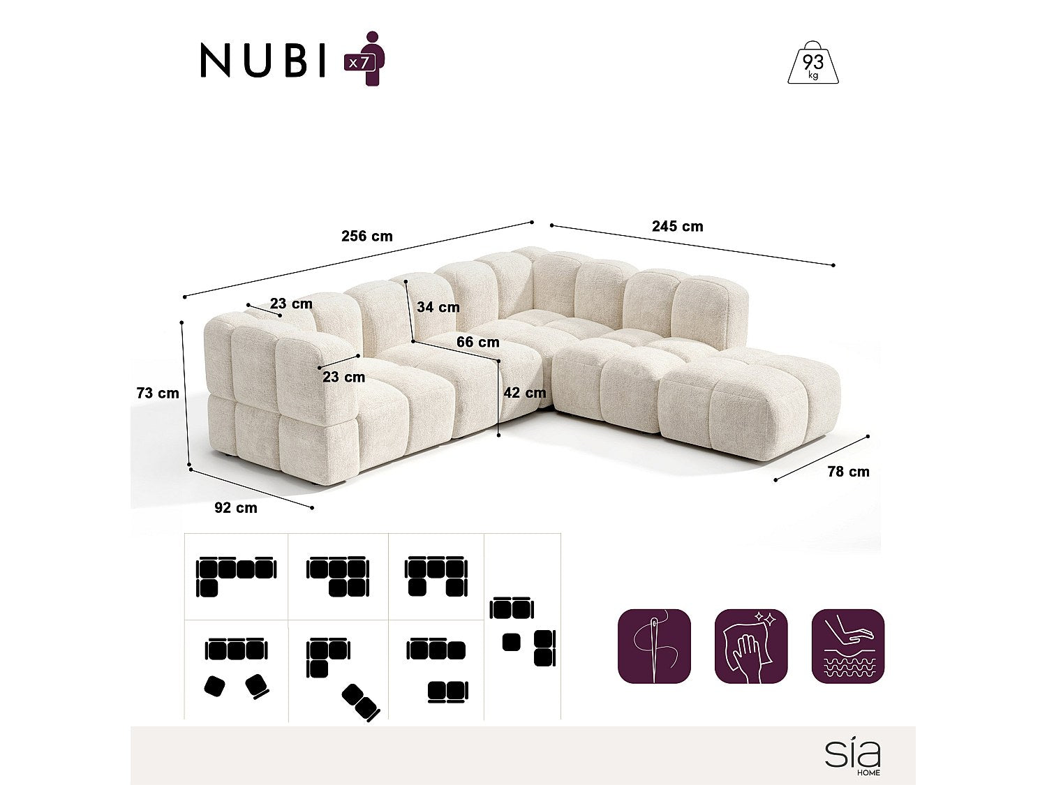 Canapé modulable 7 places beige velours