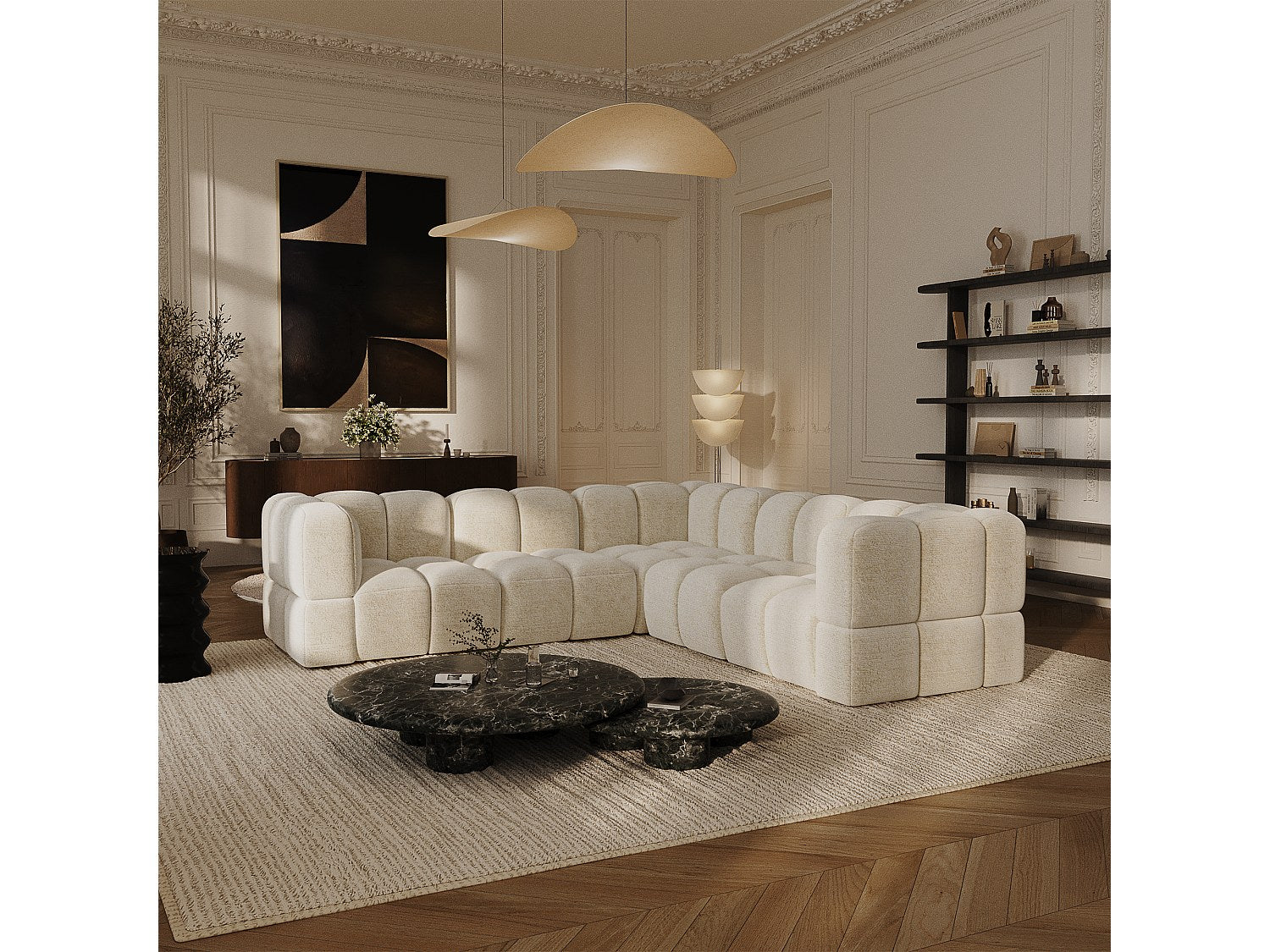 Canapé modulable panoramique 8 places beige velours