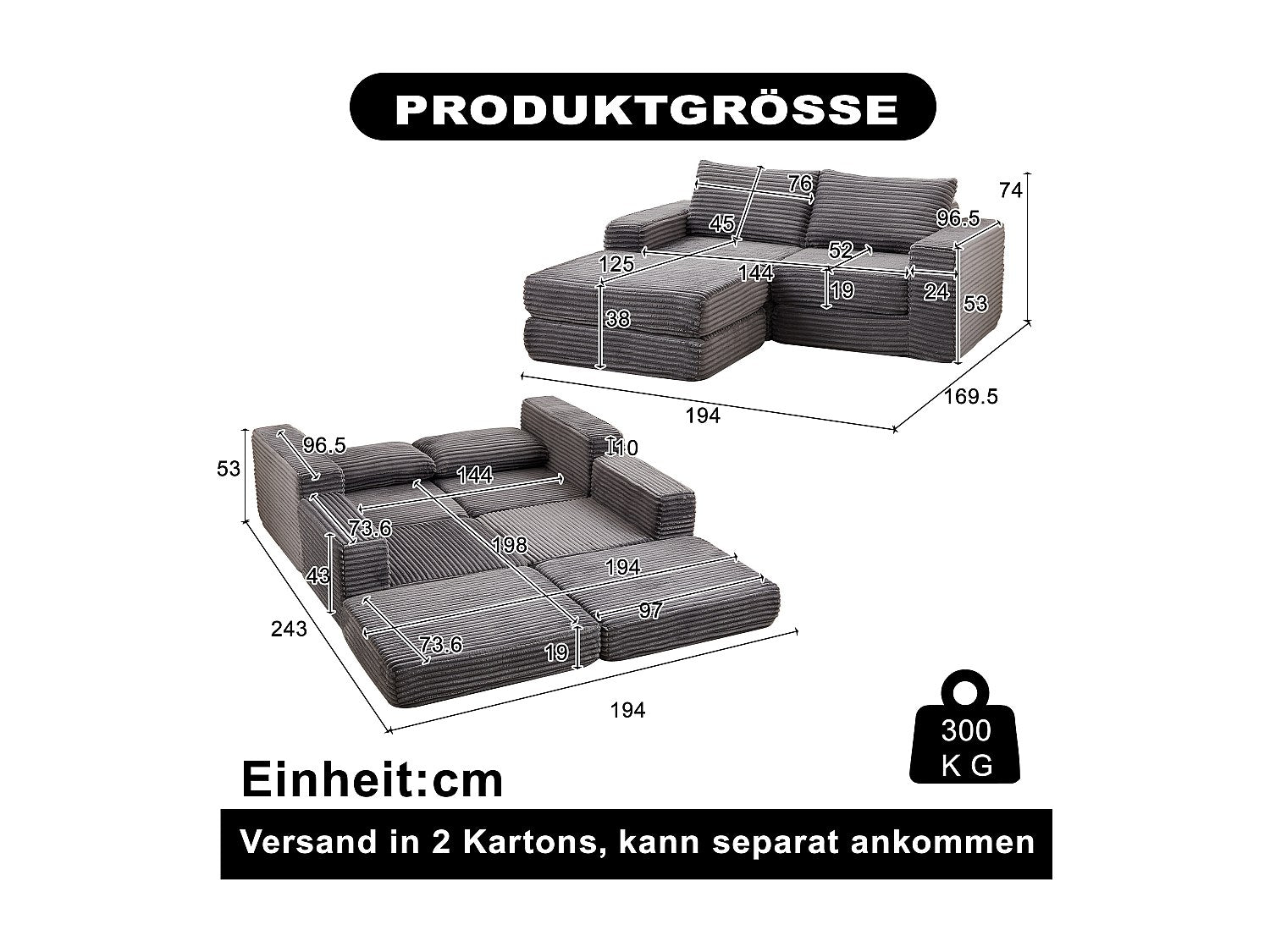 Pouf pour canapé modulable convertible 2 places gris tissu