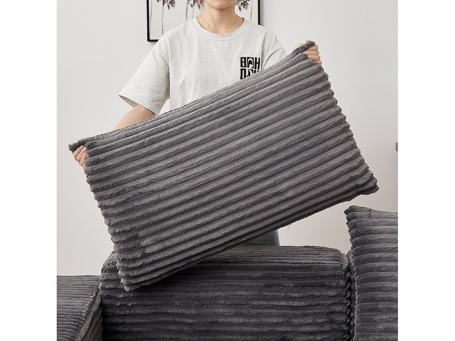 Pouf pour canapé modulable convertible 2 places gris tissu