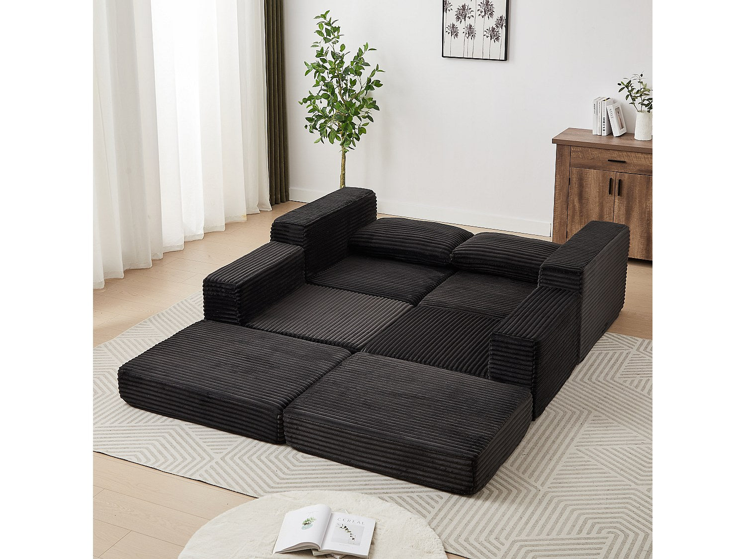 Pouf pour canapé modulable convertible 2 places noir tissu