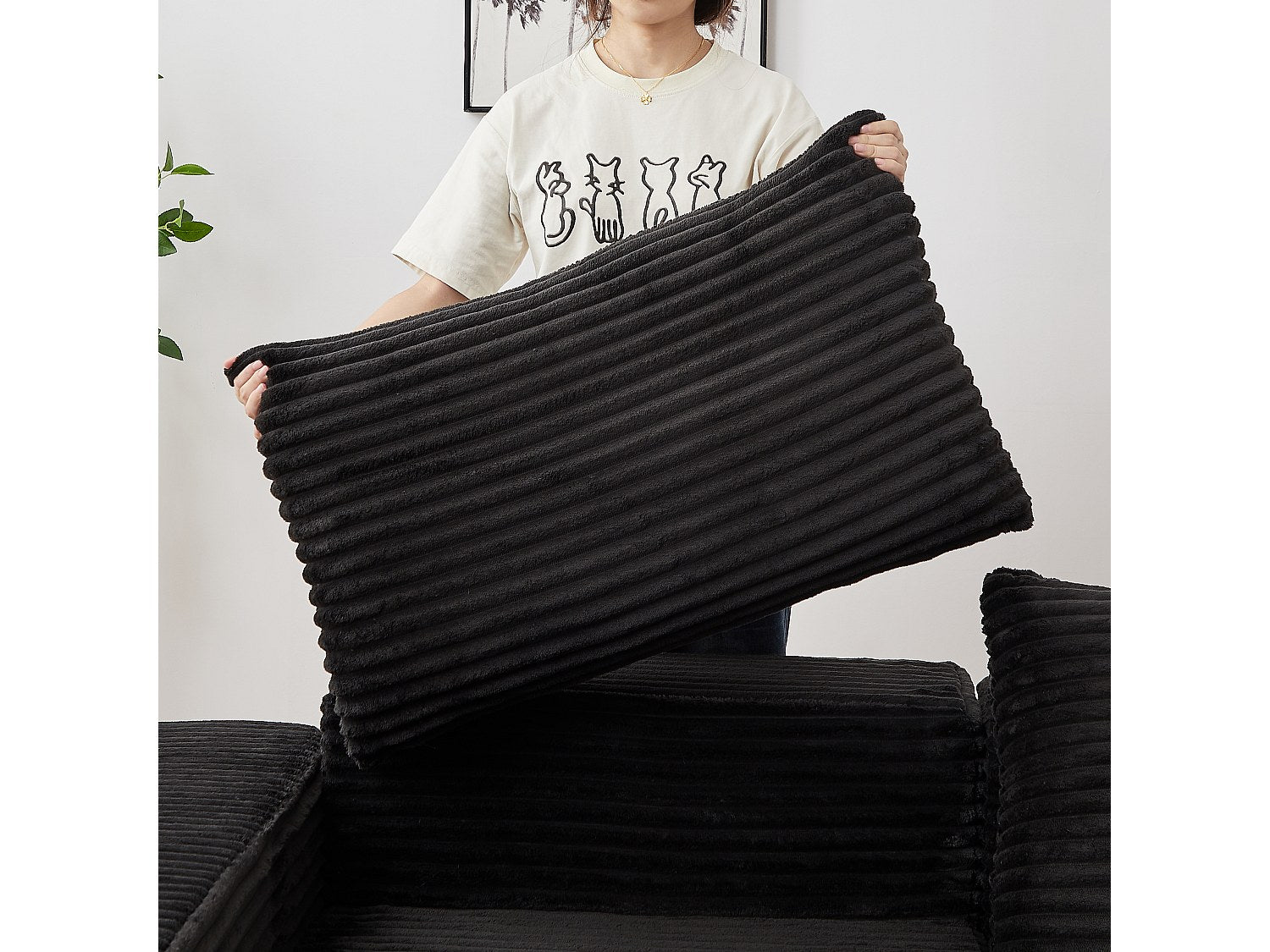 Pouf pour canapé modulable convertible 2 places noir tissu