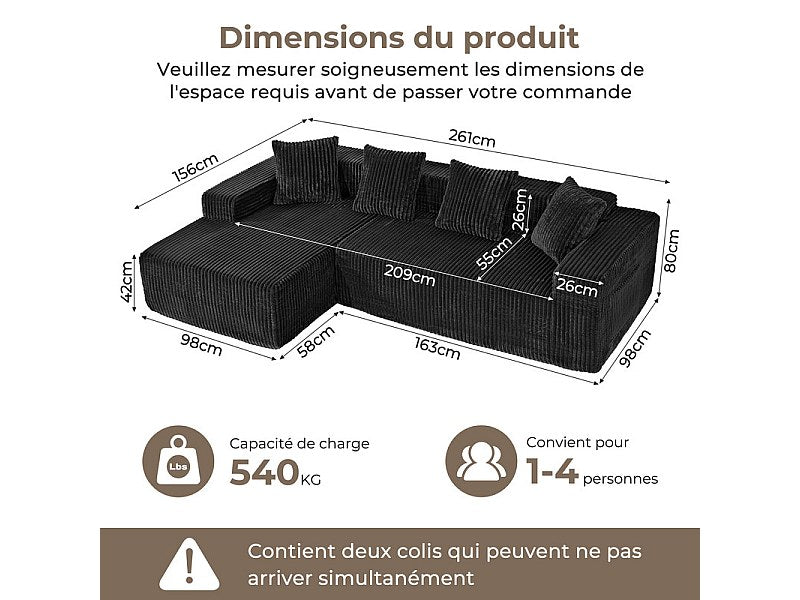 Méridienne pour canapé modulable 3 places noir velours