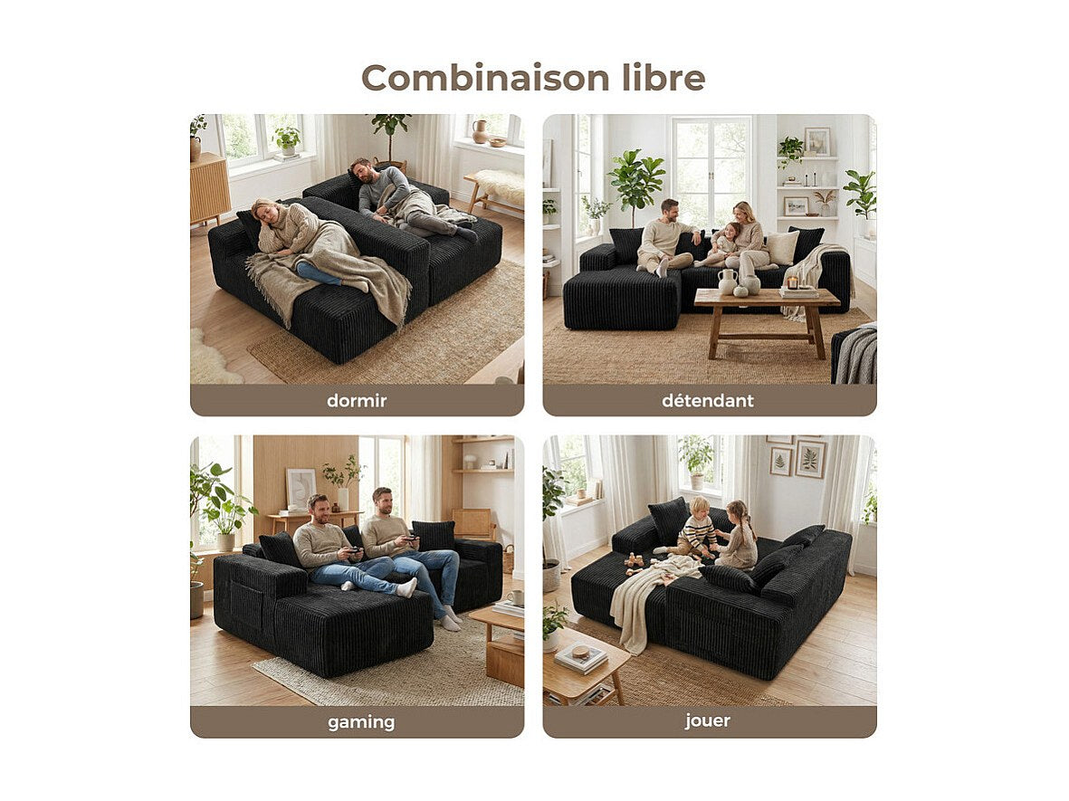 Méridienne pour canapé modulable 3 places noir velours