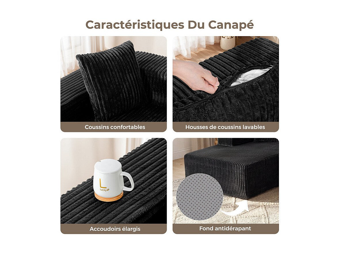 Méridienne pour canapé modulable 3 places noir velours