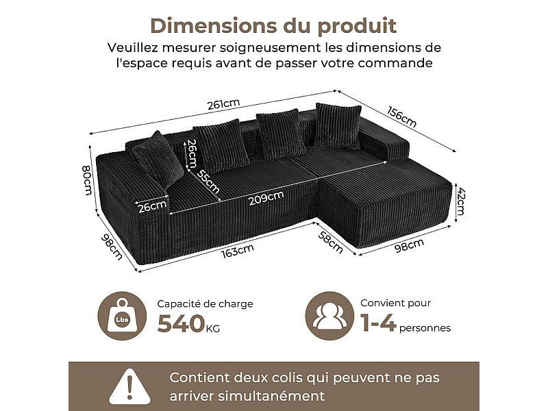Méridienne pour canapé modulable 3 places noir velours