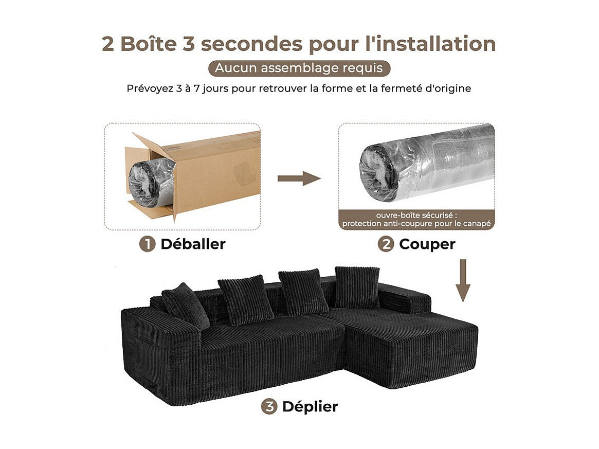 Méridienne pour canapé modulable 3 places noir velours
