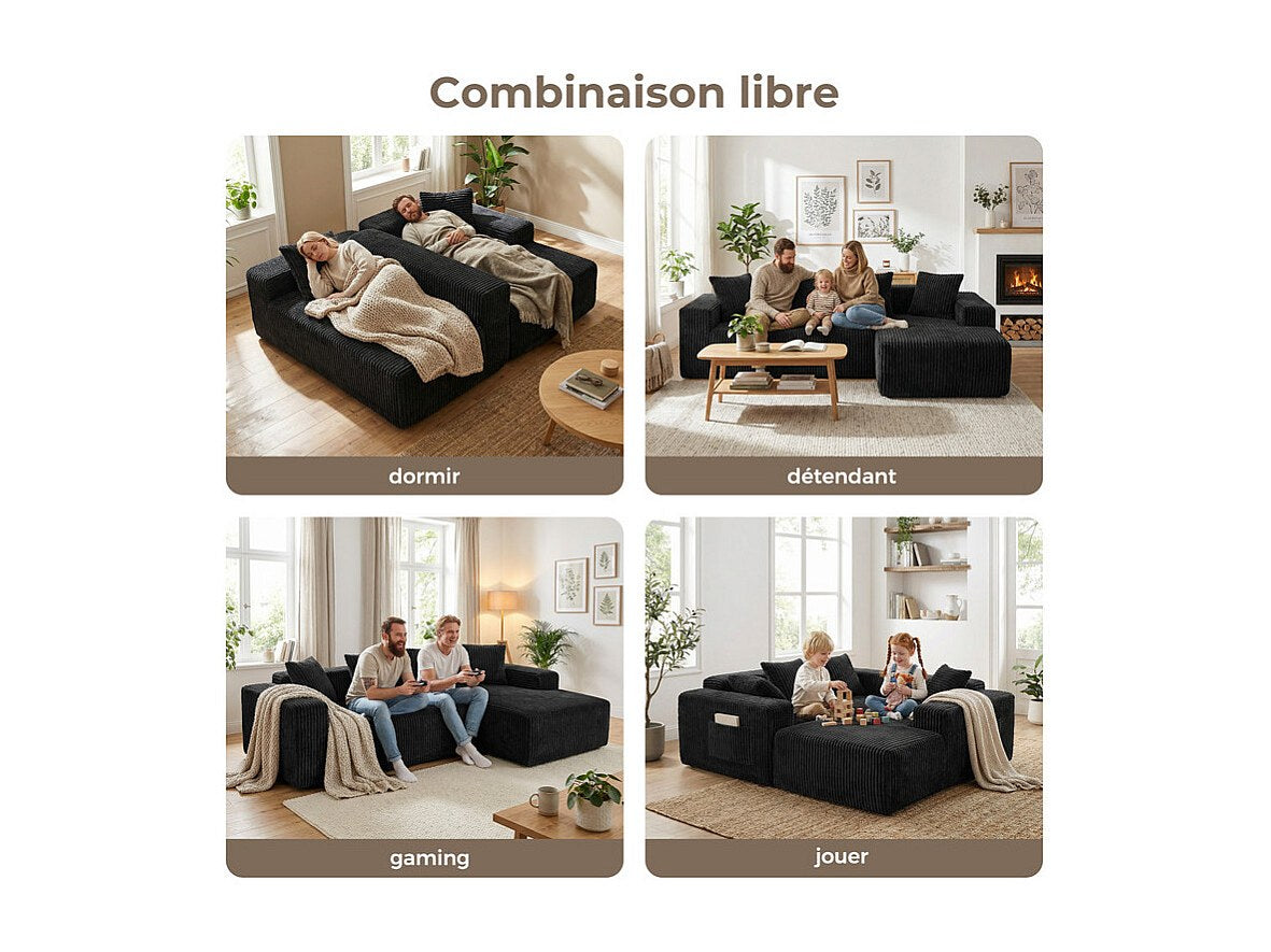 Méridienne pour canapé modulable 3 places noir velours