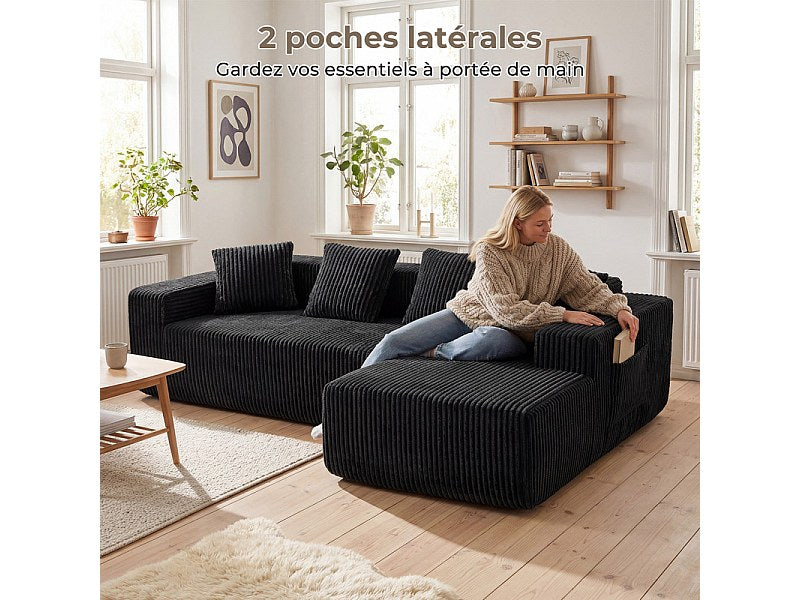 Méridienne pour canapé modulable 3 places noir velours