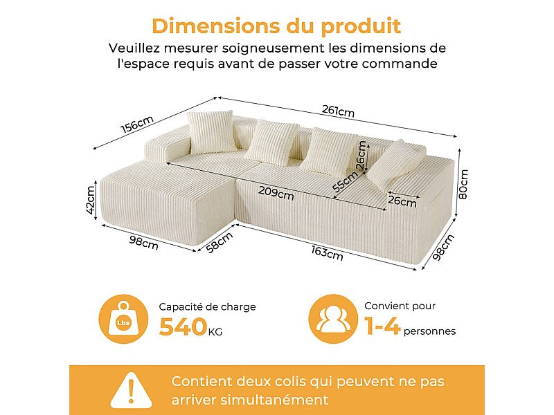 Méridienne pour canapé modulable 3 places beige velours