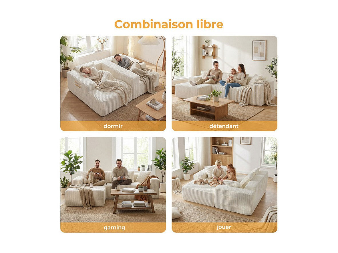 Méridienne pour canapé modulable 3 places beige velours