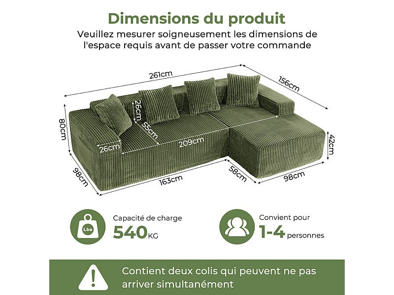 Méridienne pour canapé modulable 3 places vert velours