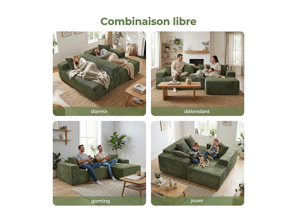 Méridienne pour canapé modulable 3 places vert velours