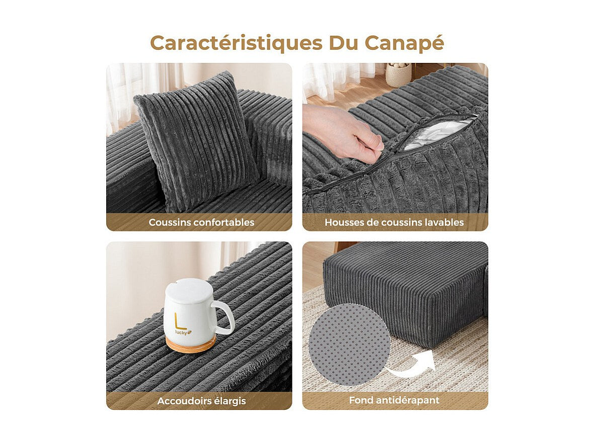 Méridienne pour canapé modulable 3 places gris velours