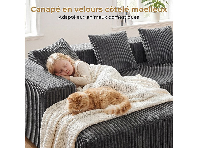 Méridienne pour canapé modulable 3 places gris velours